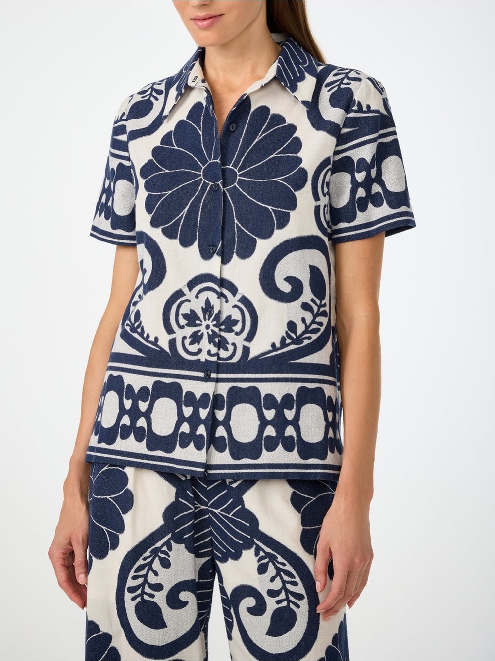 Women TRINA TURK Abba shirt top fuyuko blue Japanese motif summer coastal medium